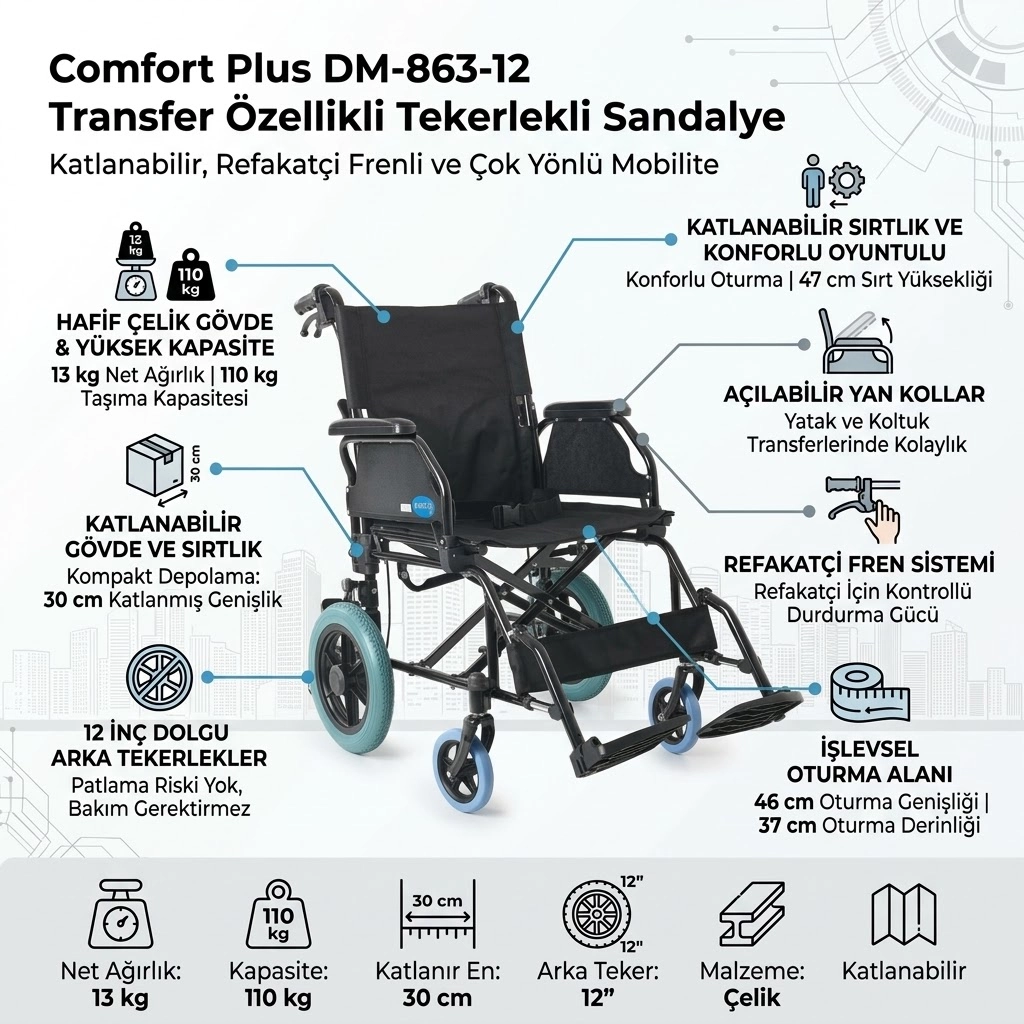 Comfort Plus DM-863-12 Transfer Özellikli Tekerlekli Sandalye