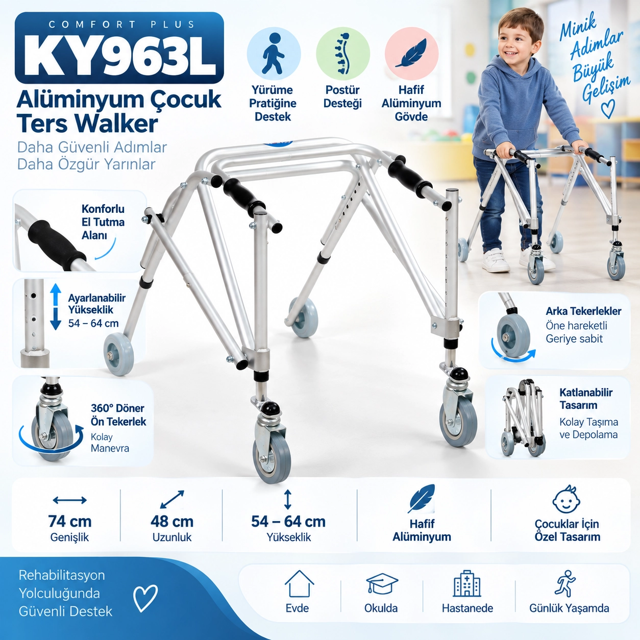 Comfort Plus KY963L Alüminyum Çocuk Ters Walker