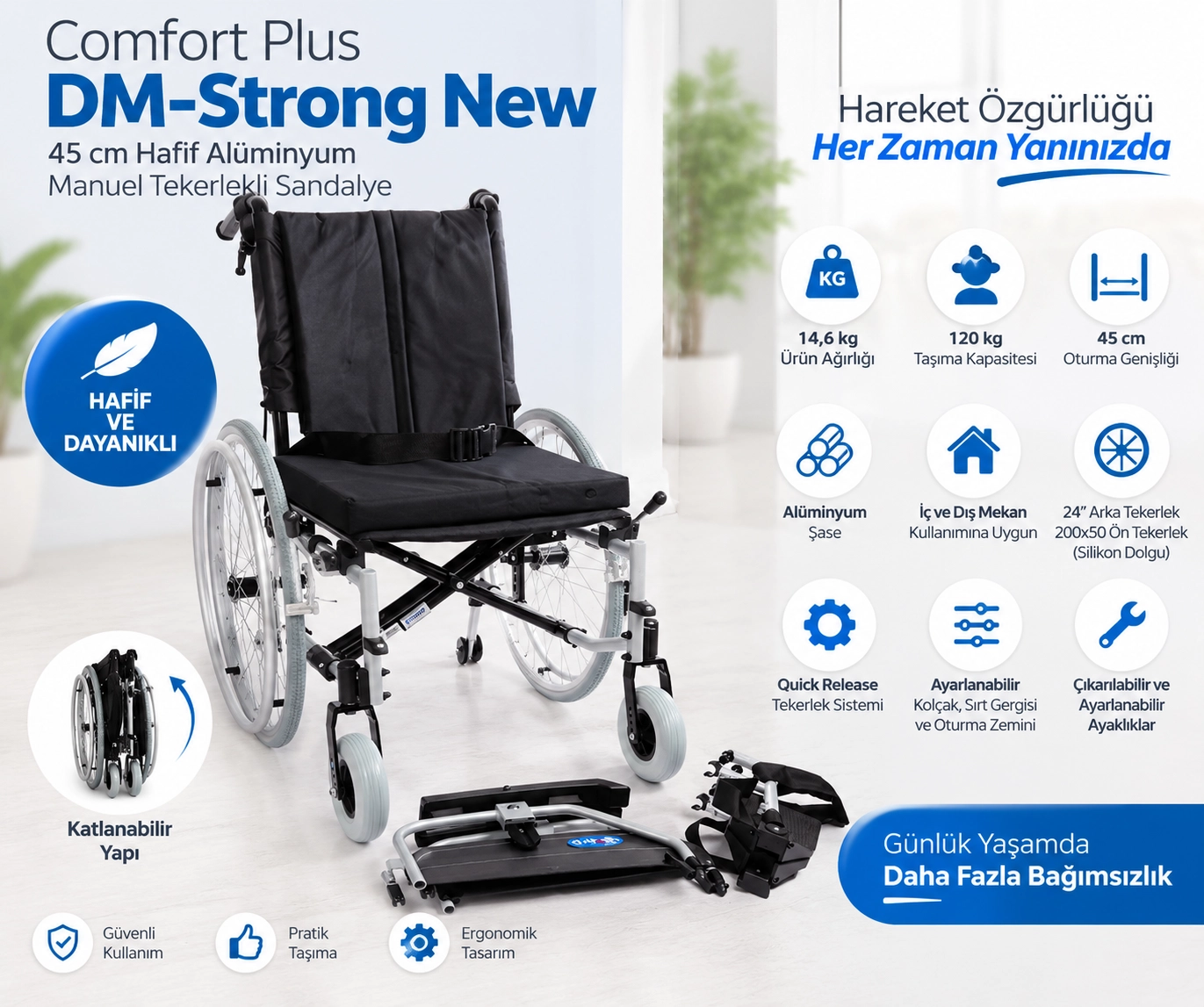 Comfort Plus DM-Strong New 45 cm Hafif Alüminyum Manuel Tekerlekli Sandalye