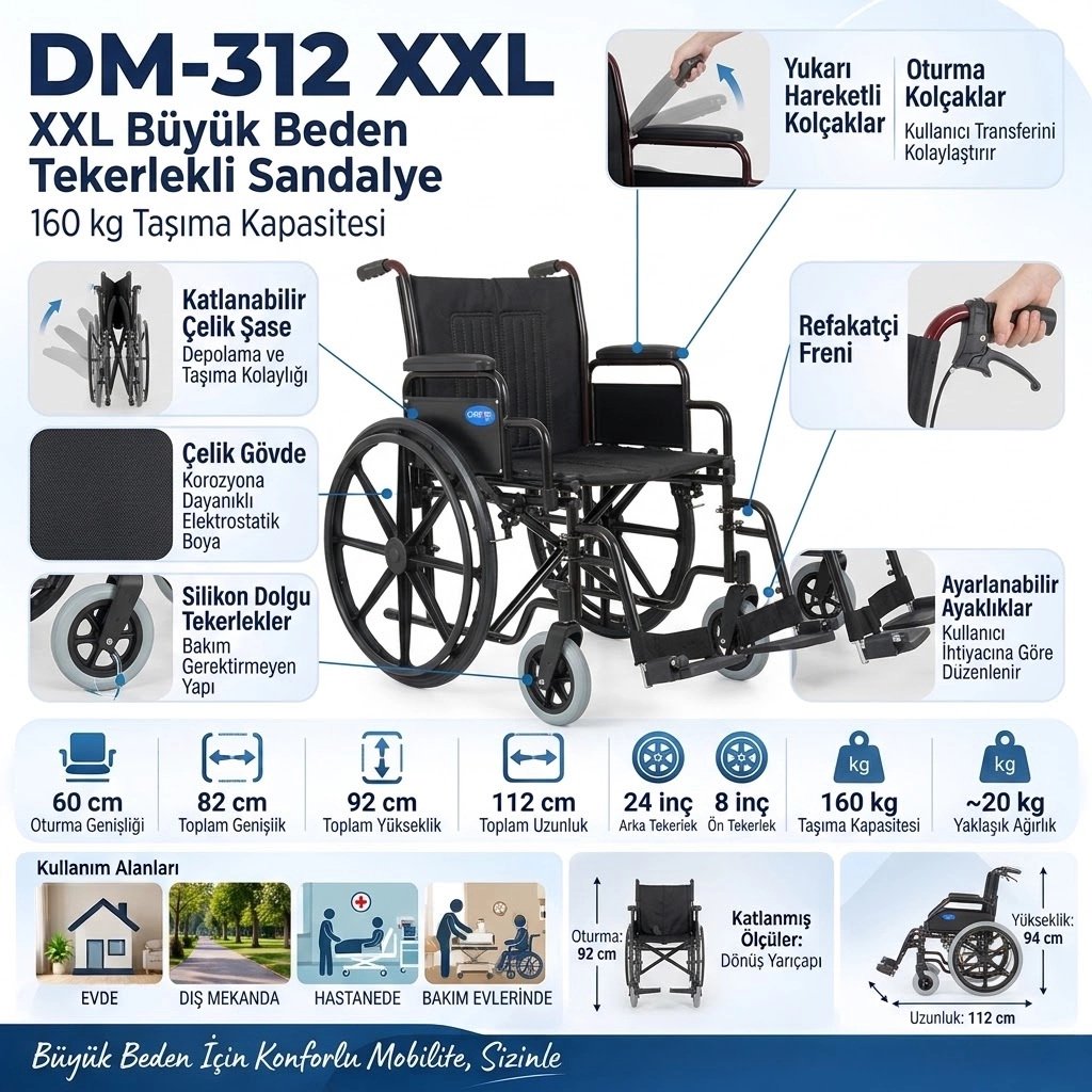 Comfort Plus DM-312 XXL 60 cm Büyük Beden Tekerlekli Sandalye