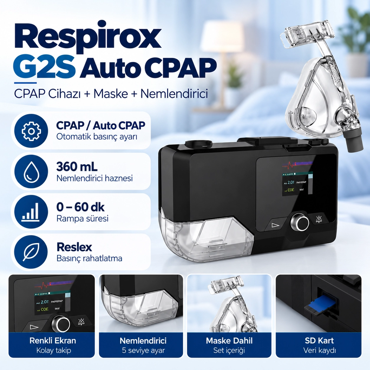 Respirox G2S Auto CPAP Cihazı + Maske + Nemlendirici