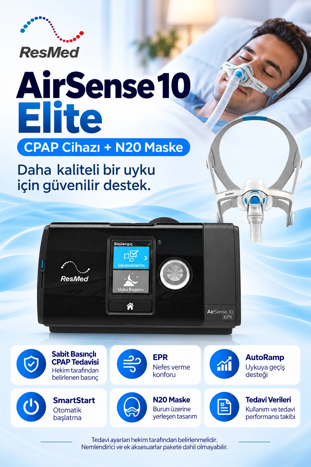 ResMed AirSense 10 Elite CPAP Cihazı + N20 Nazal Maske Orta Boy