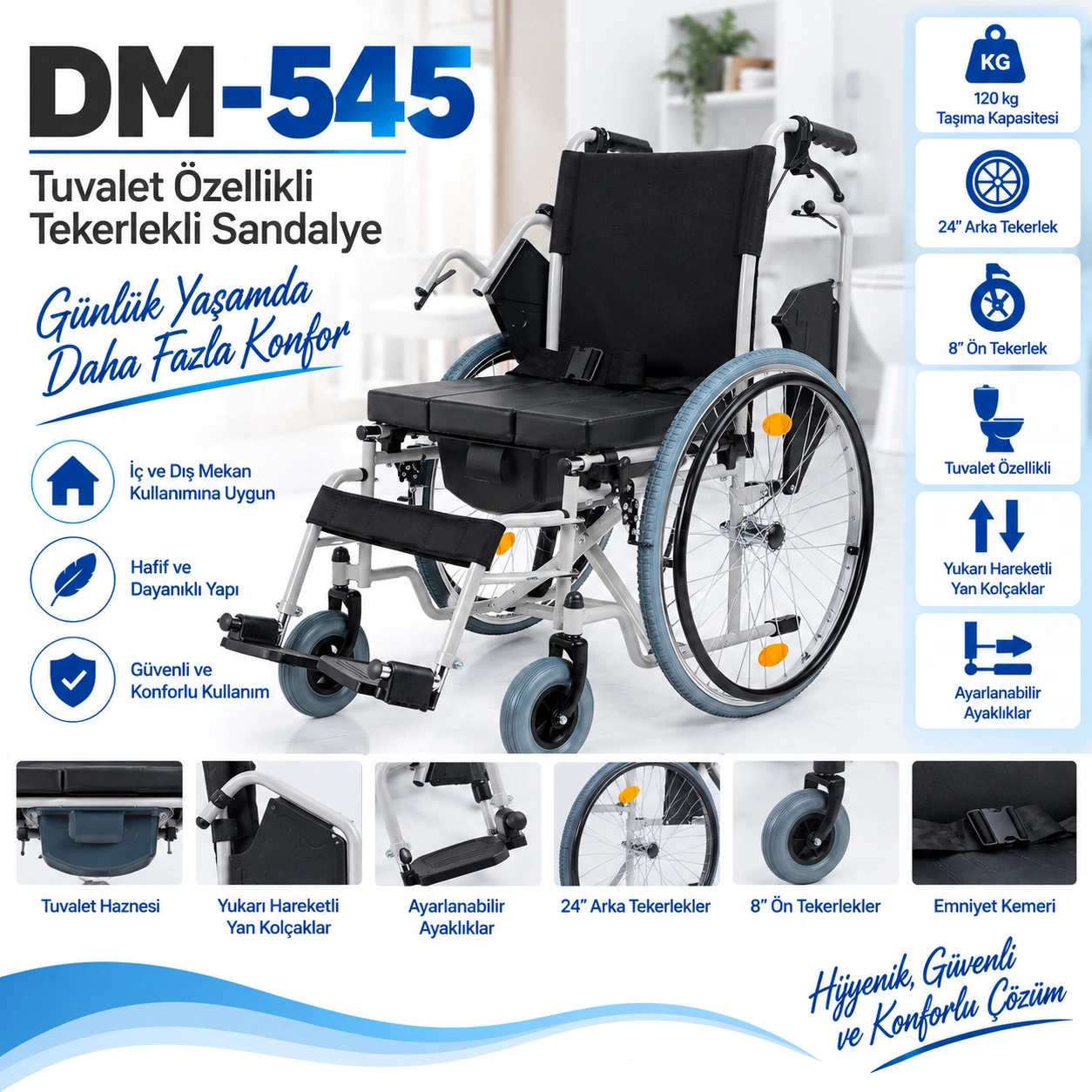 Comfort Plus DM-545 45cm Tuvalet WC Özellikli Tekerlekli Sandalye