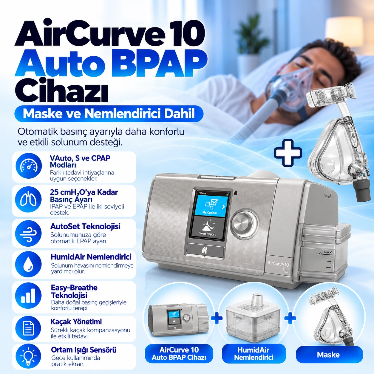 ResMed AirCurve 10 VAuto BPAP Cihazı – Maske ve Nemlendirici Dahil