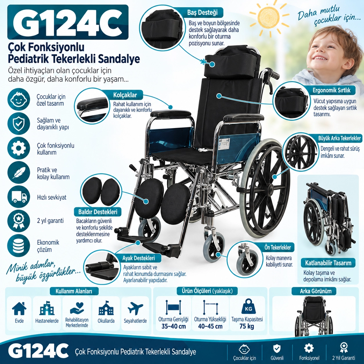 Golfi G124C Multi Fonksiyonel Tekerlekli Çocuk Sandalyesi