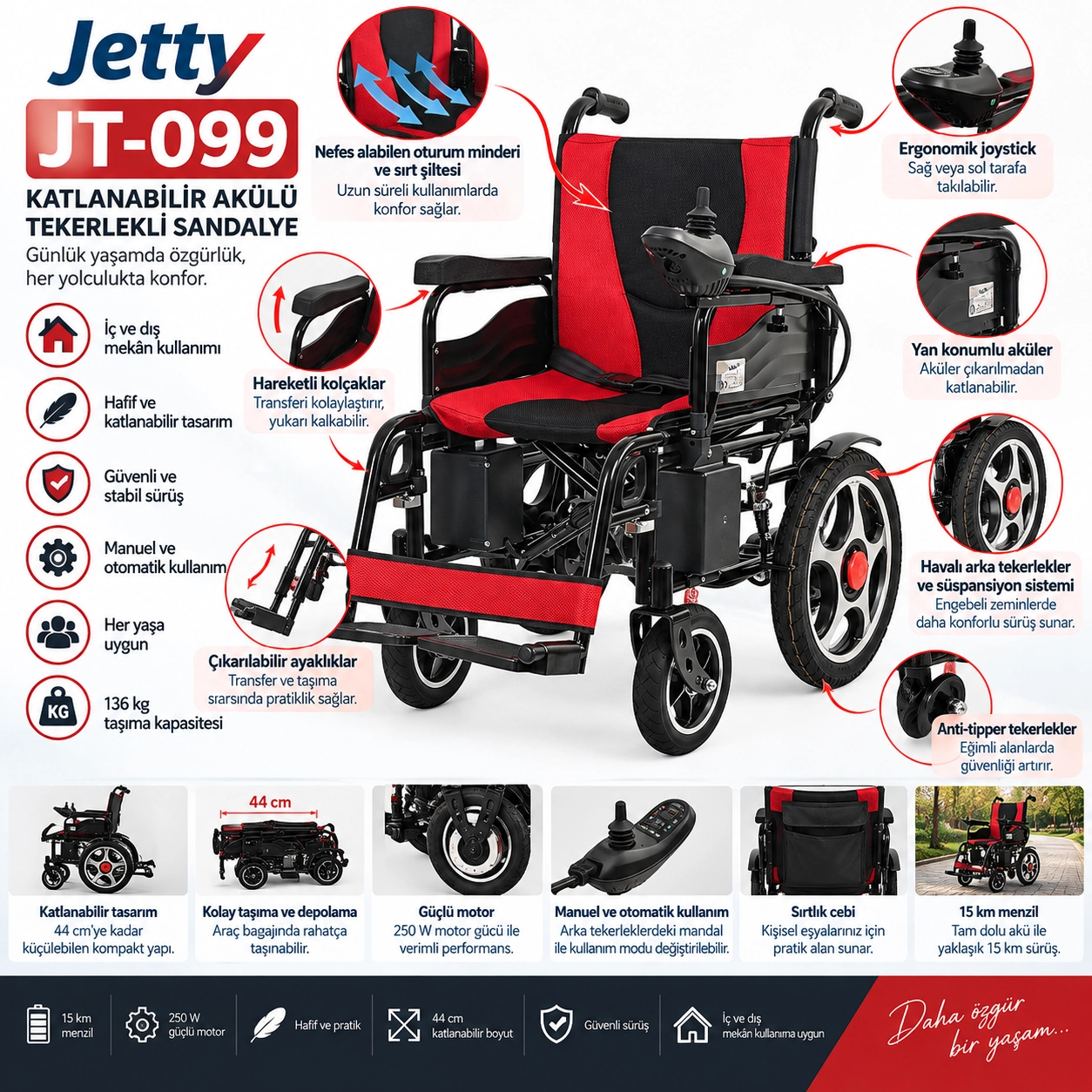 Jetty JT-099 Katlanabilir Akülü Tekerlekli Sandalye