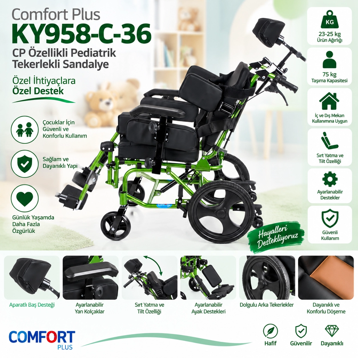 Comfort Plus KY958-C-36 CP Özellikli Pediatrik Tekerlekli Sandalye