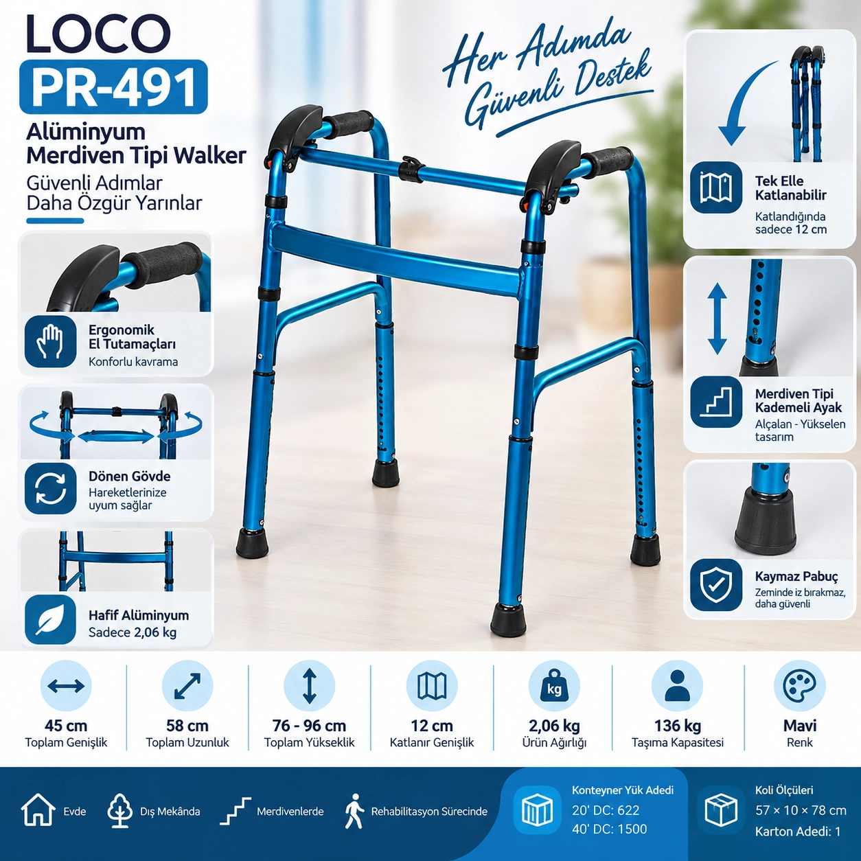 Loco PR-491 Alüminyum Merdiven Tipi Walker-Yürüteç