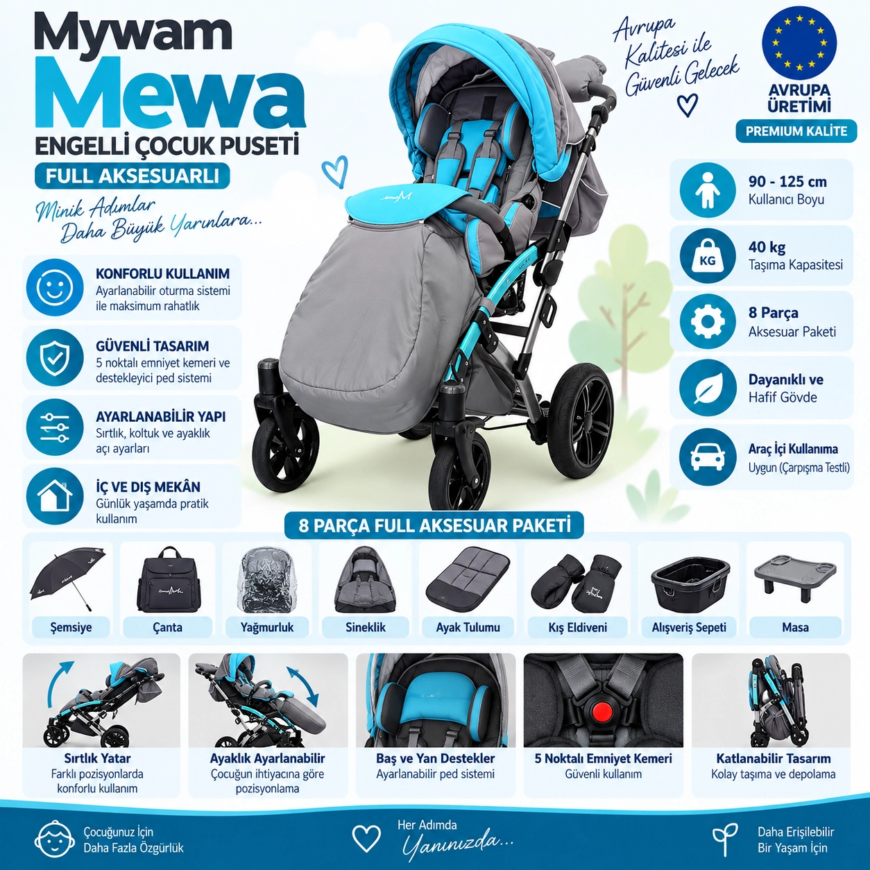 Mywam Mewa Engelli Çocuk Puseti Full Aksesuarlı