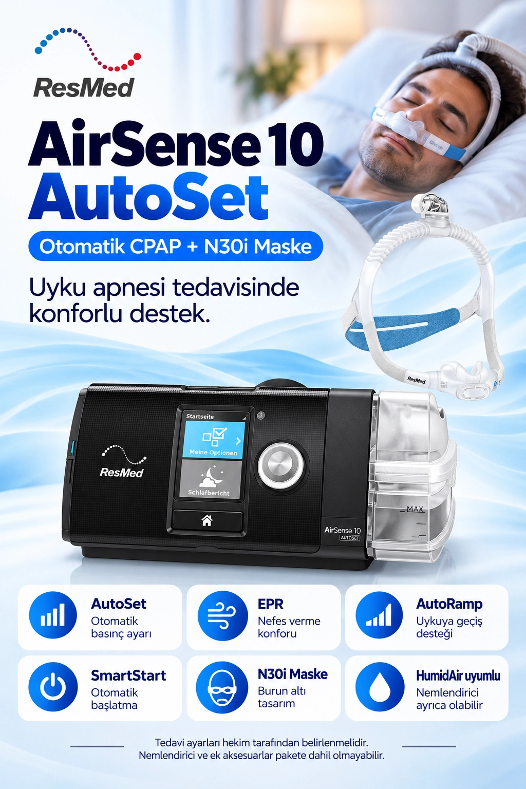 ResMed AirSense 10 AutoSet Otomatik CPAP Cihazı + N30i Maske