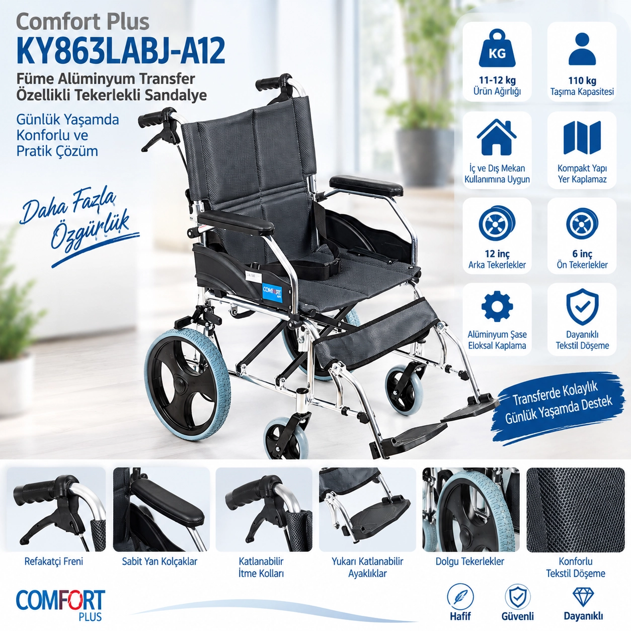 Comfort Plus KY863LABJ-A12 Alüminyum Transfer Özellikli Tekerlekli Sandalye Füme