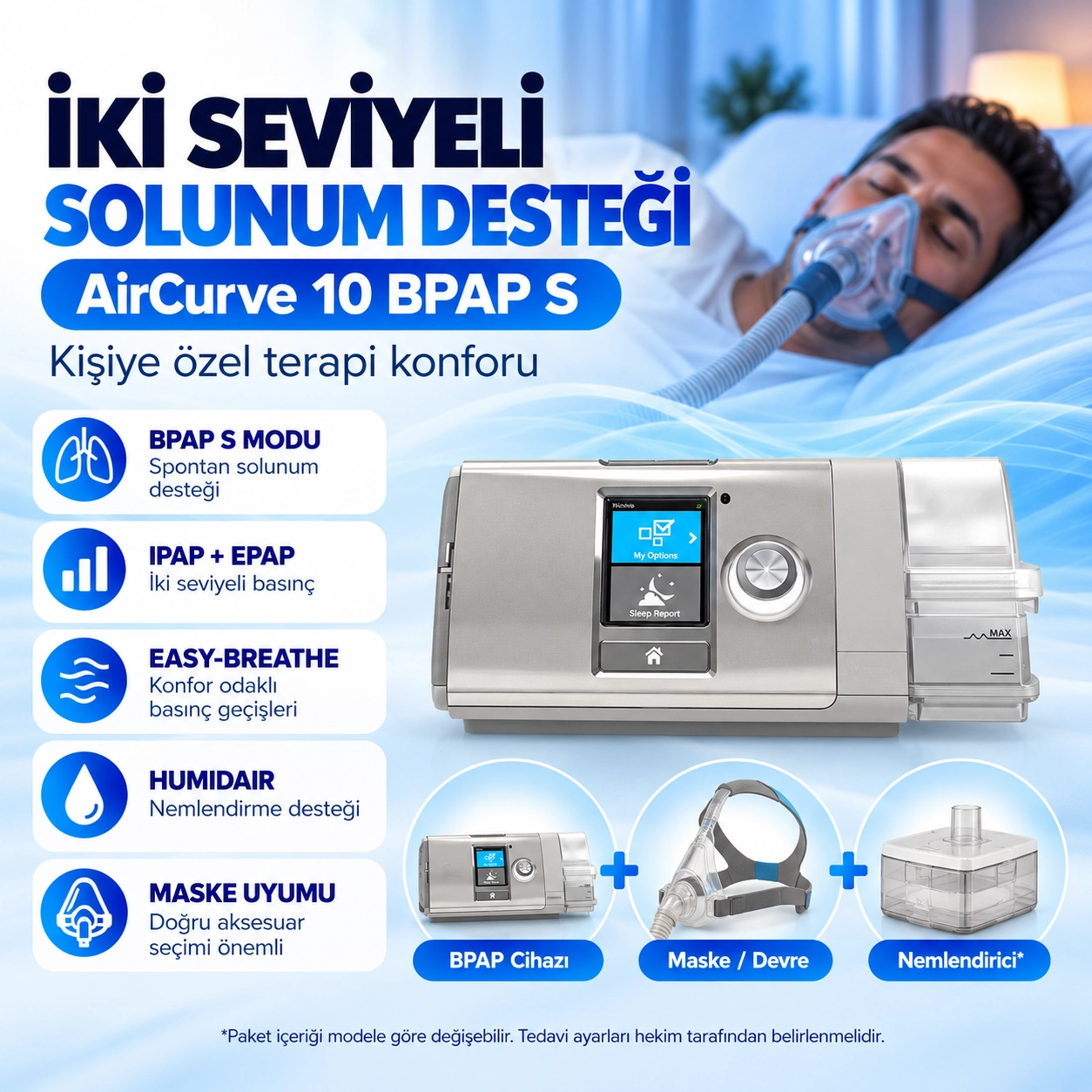 ResMed AirCurve 10 BPAP S Cihazı – HumidAir Nemlendiricili