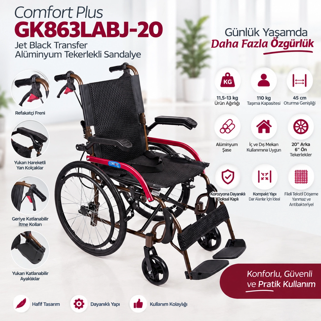 Comfort Plus GK863LAJ-20 Jet Black Transfer Alüminyum Tekerlekli Sandalye