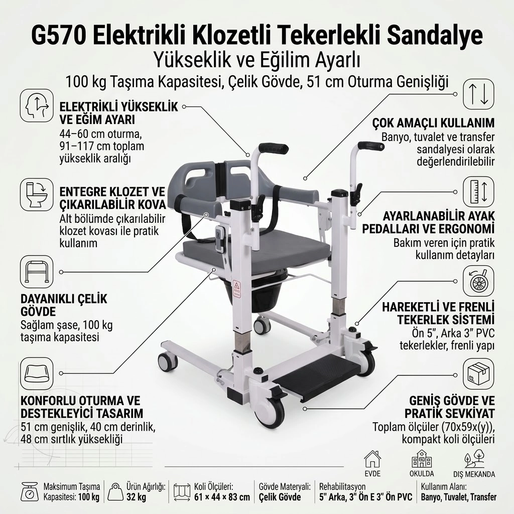 G570 Elektrikli Klozetli Tekerlekli Sandalye
