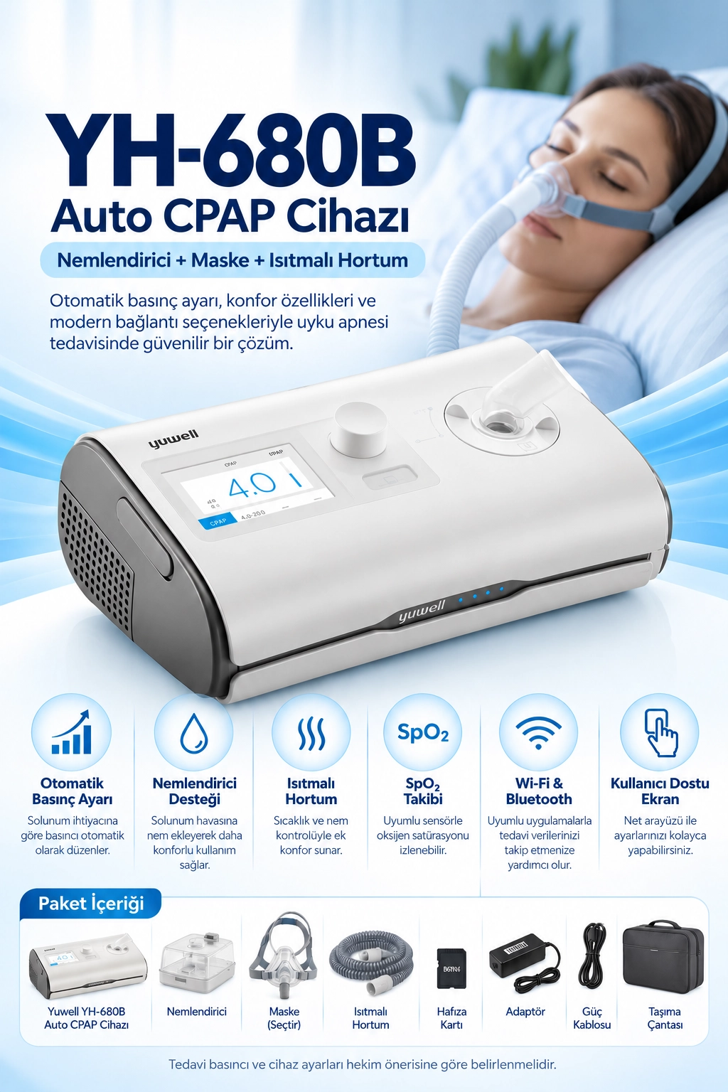 Yuwell YH-680B Auto CPAP Cihazı + Nemlendirici + Maske