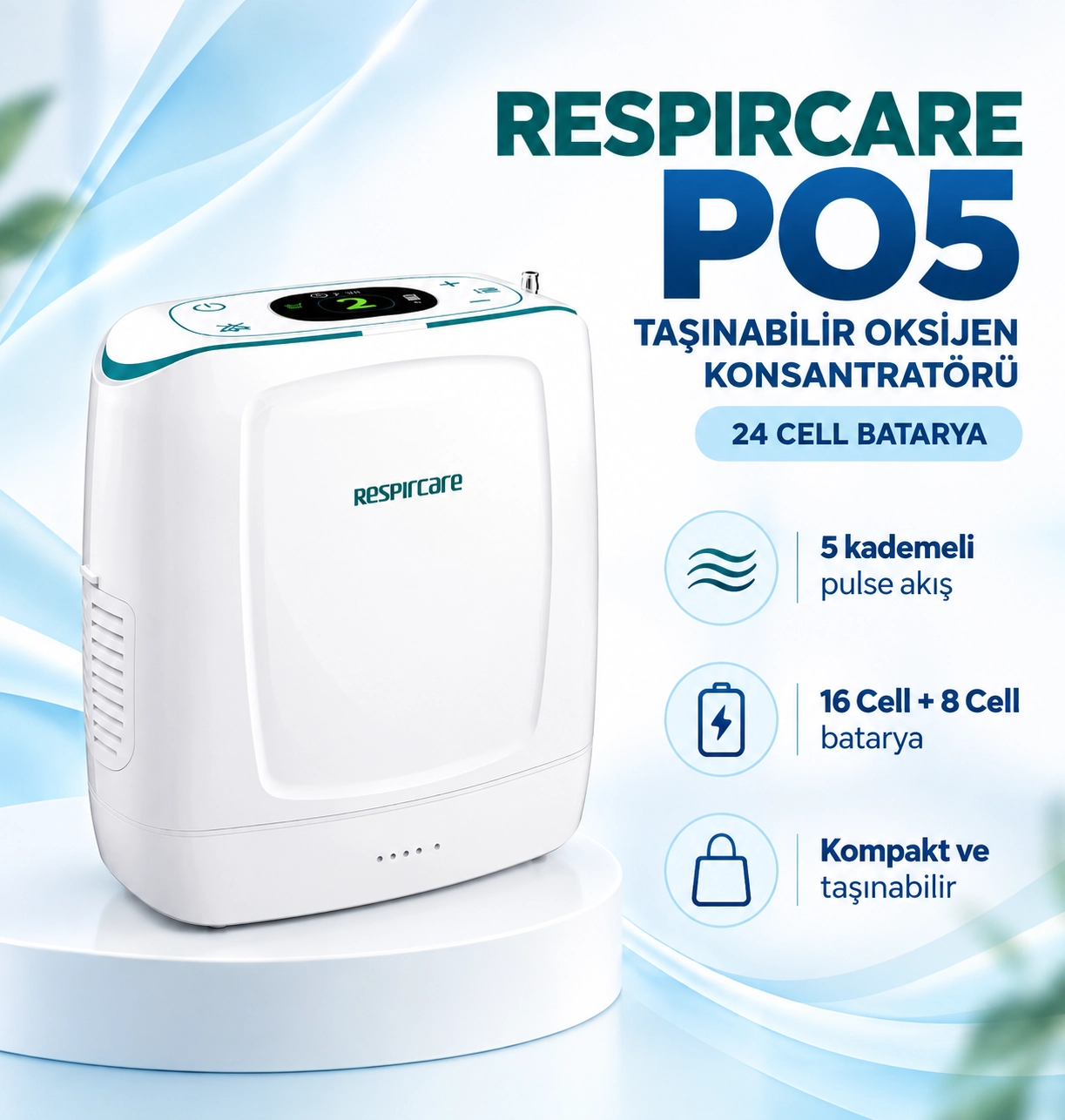 Respircare PO5 Taşınabilir Oksijen Konsantratörü 24 Cell Batarya