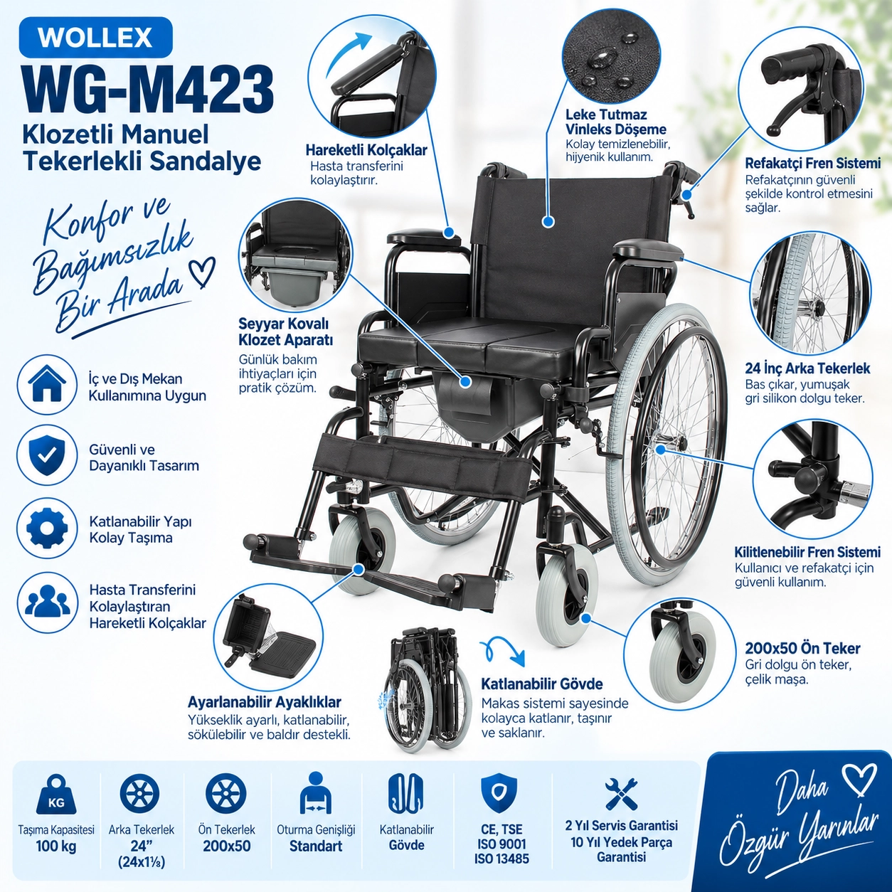 Wollex WG-M423 Klozetli Manuel Tekerlekli Sandalye