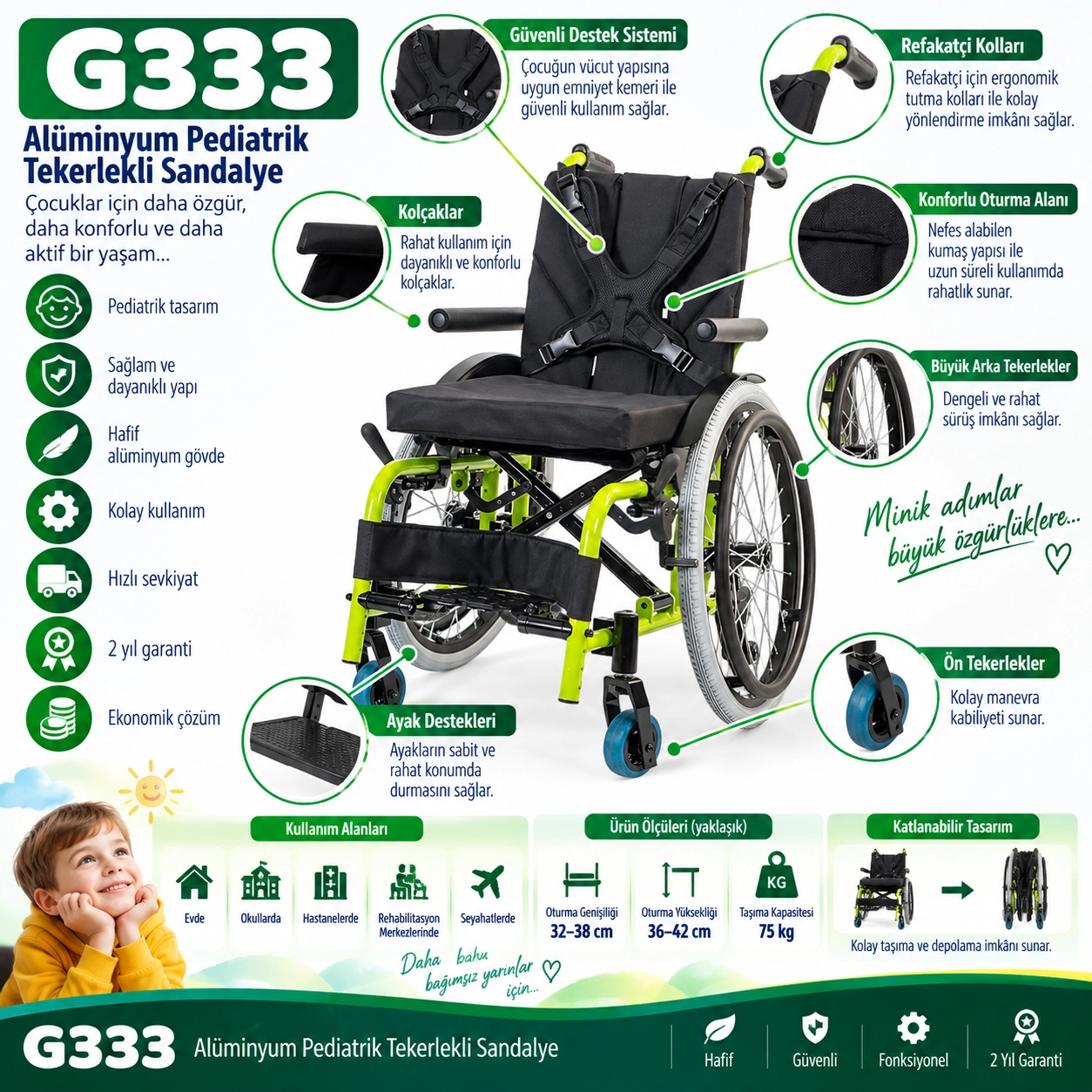 Golfi G333 Alüminyum Çocuk Tekerlekli Sandalyesi