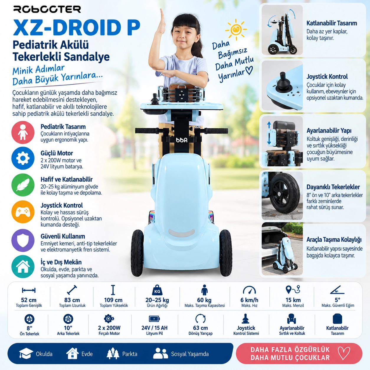 XZ-DROID P Robooter Pediatrik Akülü Tekerlekli Sandalye