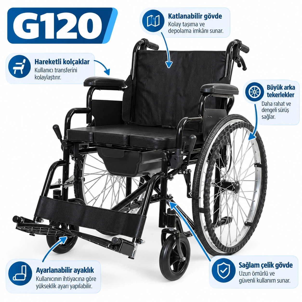Golfi G120 Klozetli Tekerlekli Sandalye