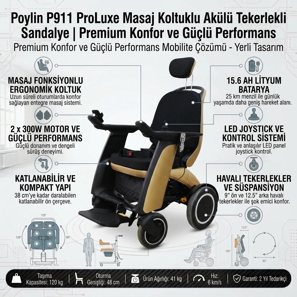 Poylin P911 Proluxe Masaj Koltuklu Akülü Tekerlekli Sandalye