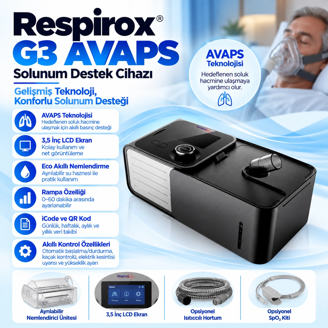 Respirox G3 AVAPS Cihazı – Nemlendiricili Solunum Destek Cihazı