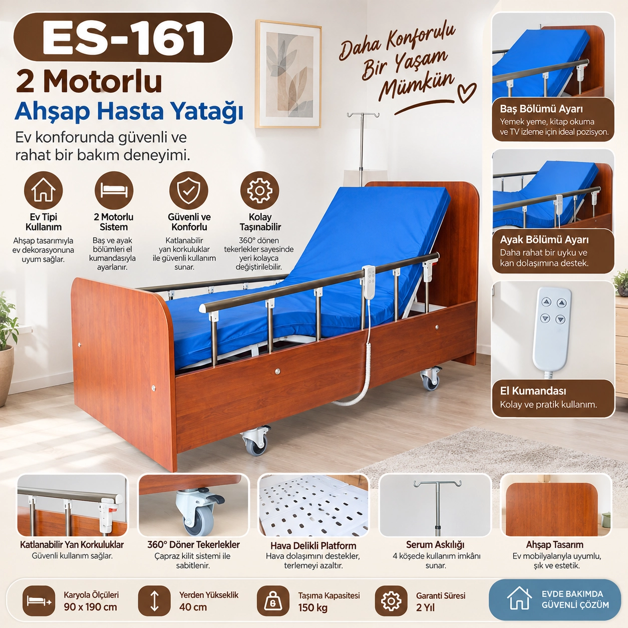 2 Motorlu Ahşap Hasta Yatağı ES-161