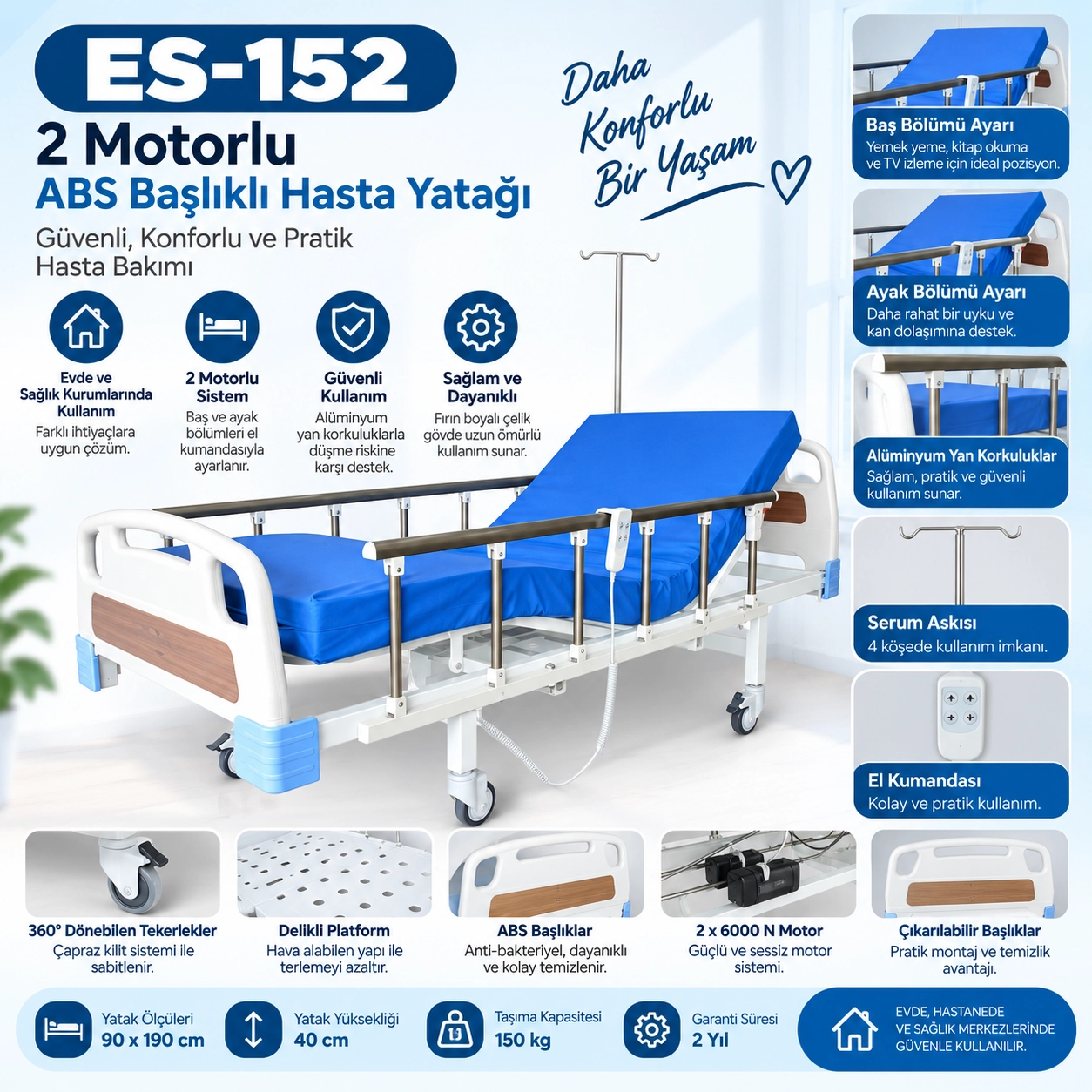 2 Motorlu ABS Başlıklı Hasta Yatağı ES-152