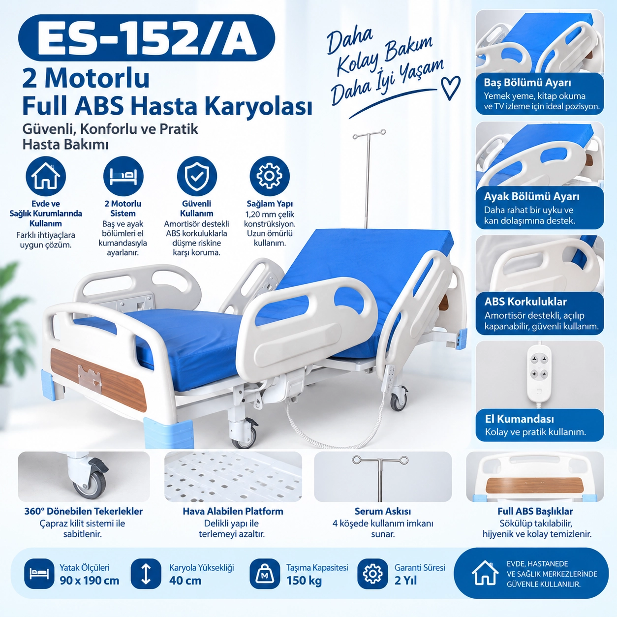 2 Motorlu Full ABS Hasta Karyolası ES-152/A