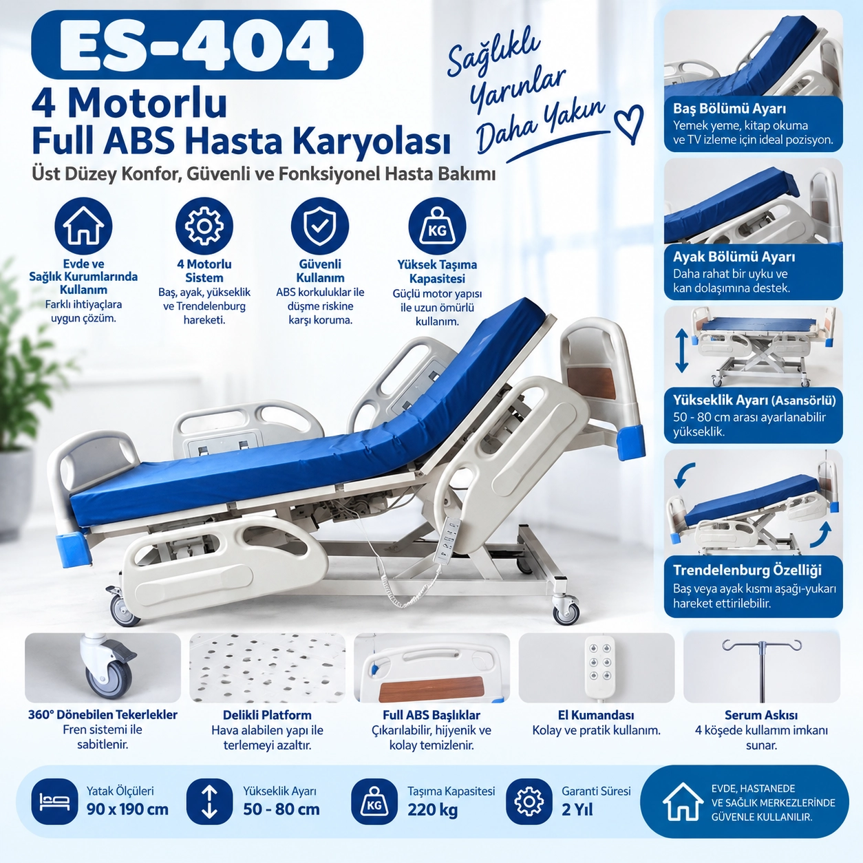 4 Motorlu Full ABS Hasta Karyolası ES-404