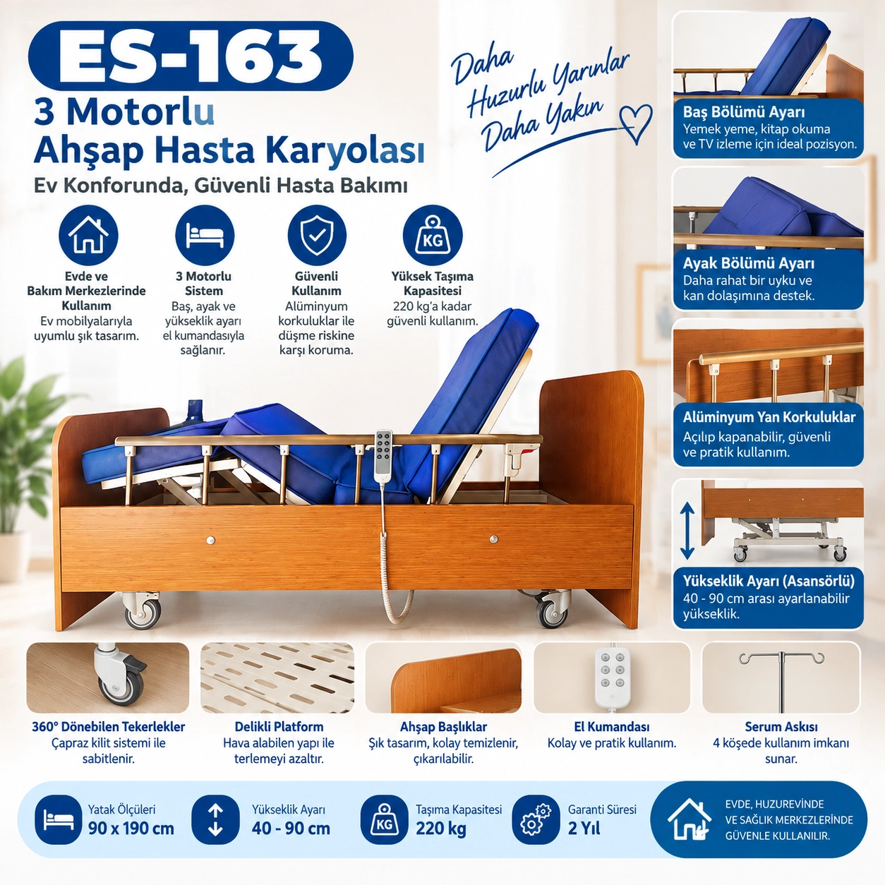 3 Motorlu Ahşap Hasta Karyolası ES-163