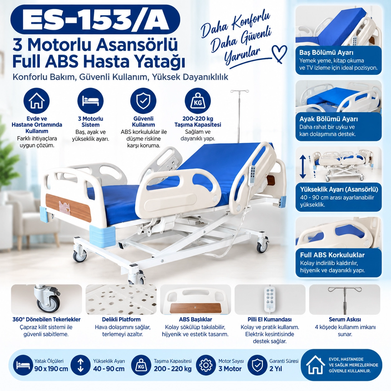 3 Motorlu Asansörlü Full ABS Hasta Yatağı ES-153/A