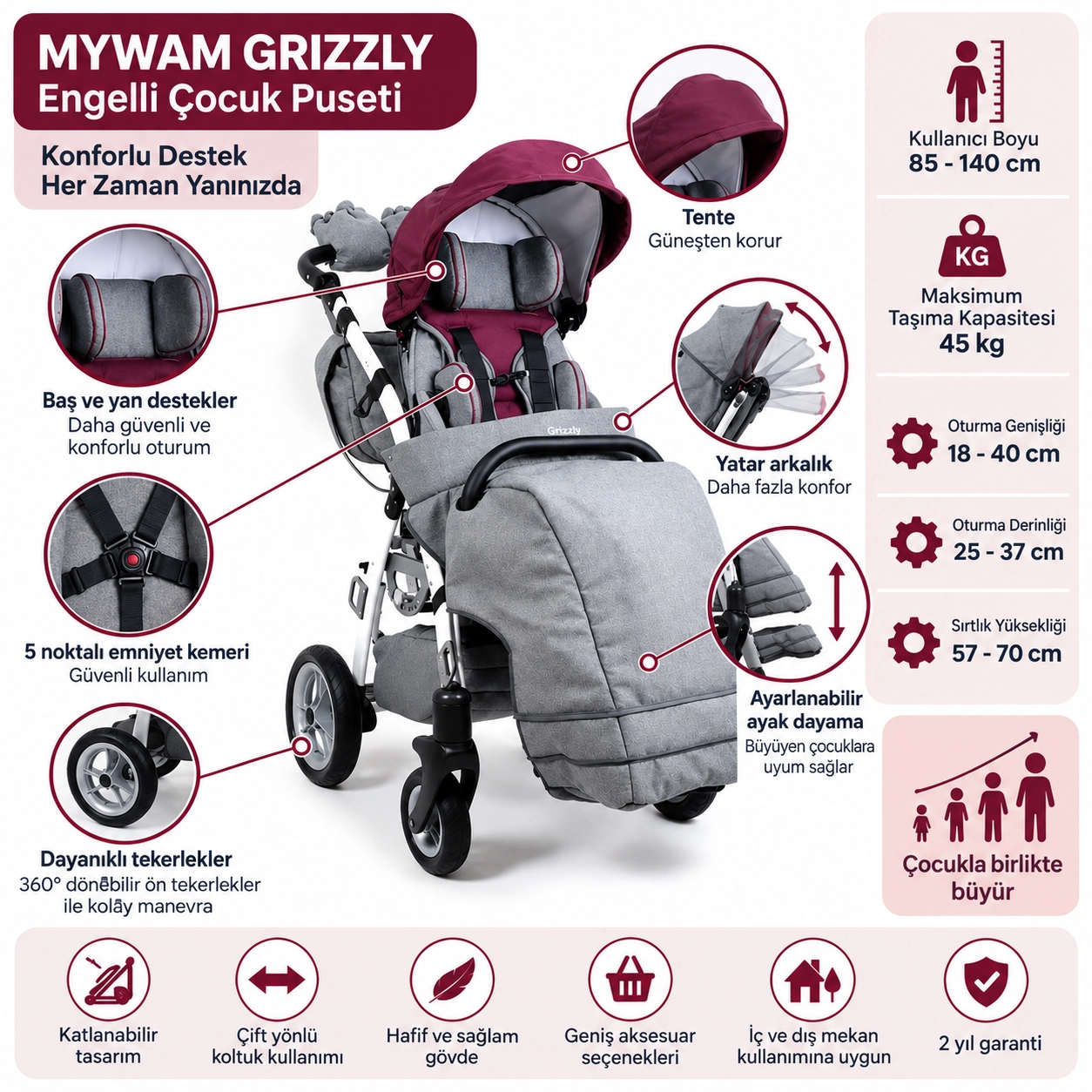 Mywam Grizzly Engelli Çocuk Puseti Full Aksesuarlı