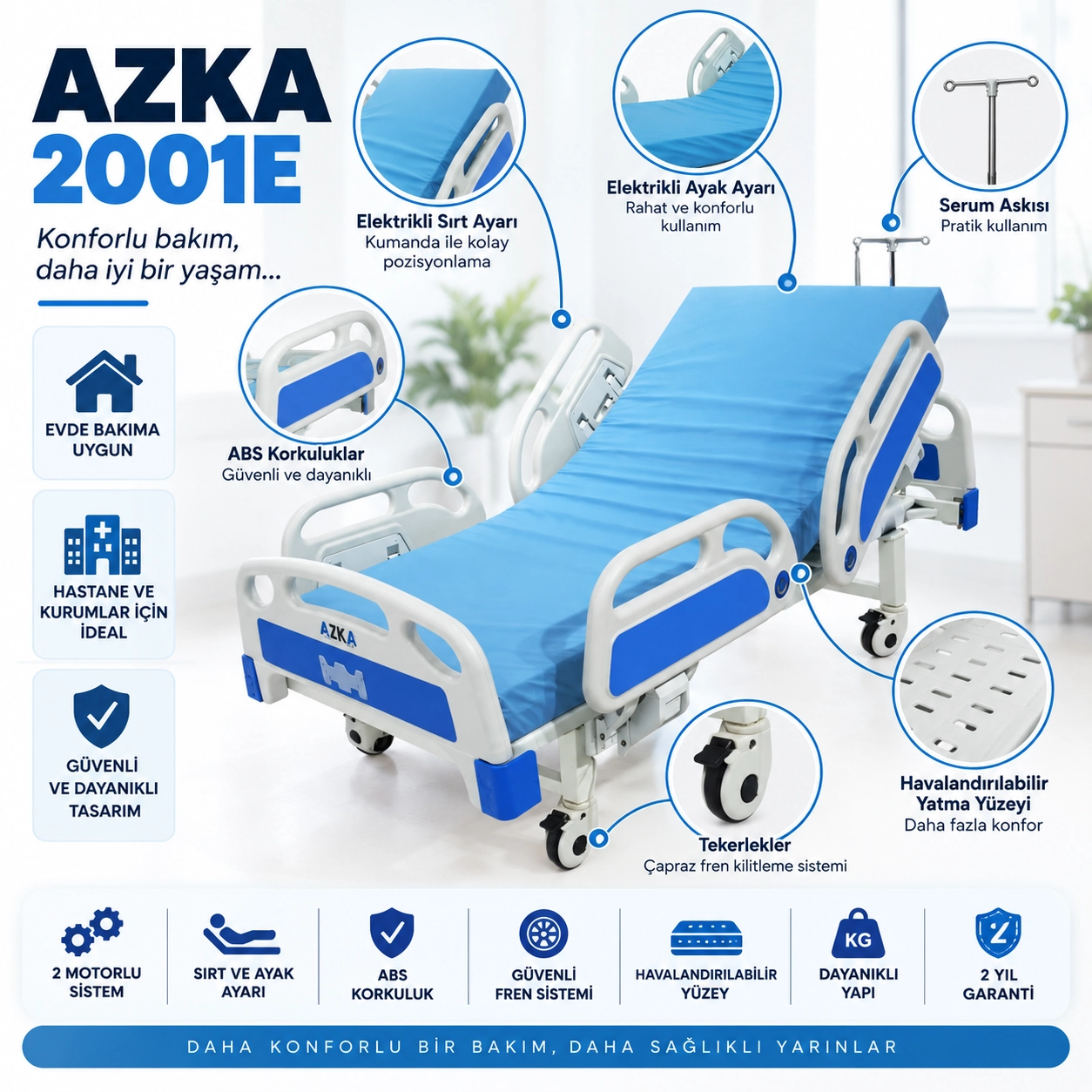AZKA 2001E 2 Motorlu ABS Korkuluklu Hasta Karyolası