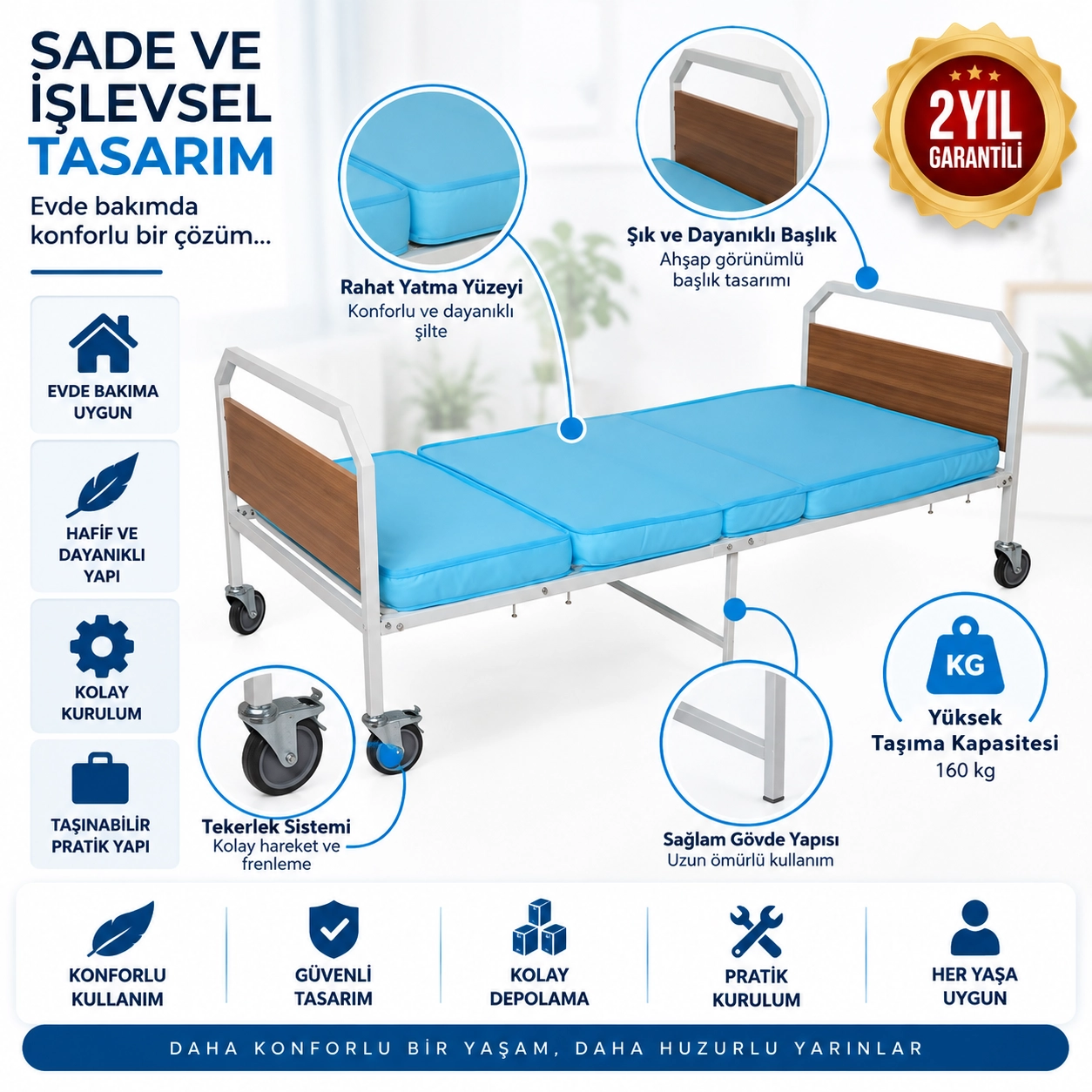 AZKA MF01 Manuel Katlanabi̇li̇r Evde Bakım Karyolası