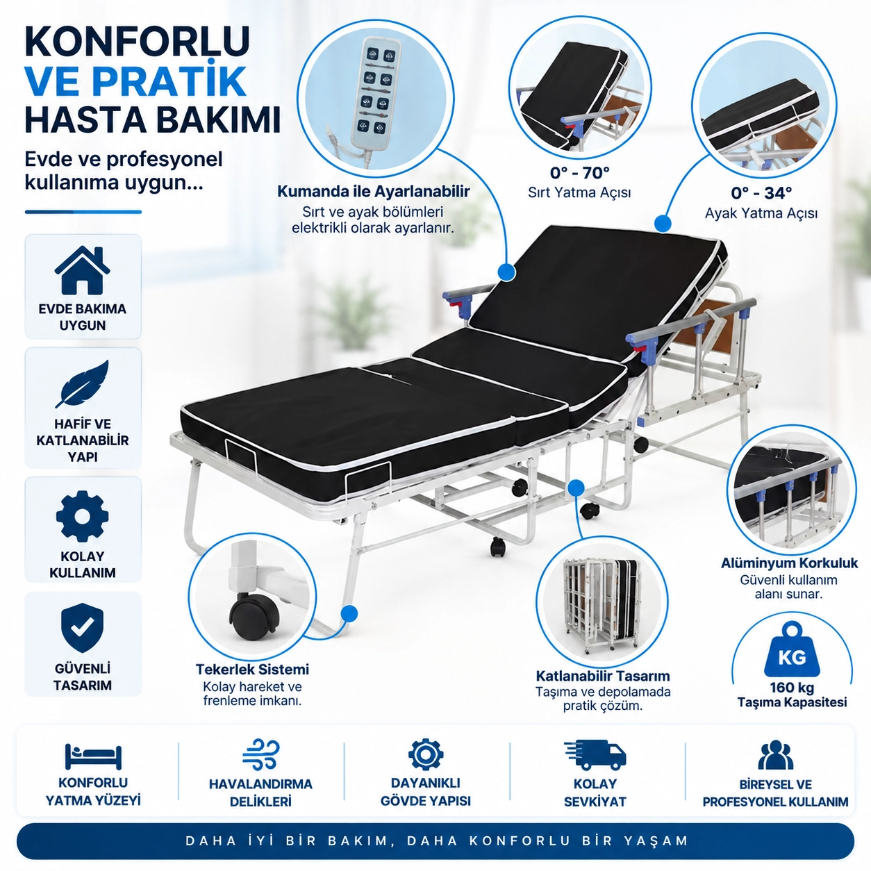 AZKA DF01 Dual Motorlu Alümi̇nyum Korkuluklu Katlanabi̇li̇r Hasta Karyolası