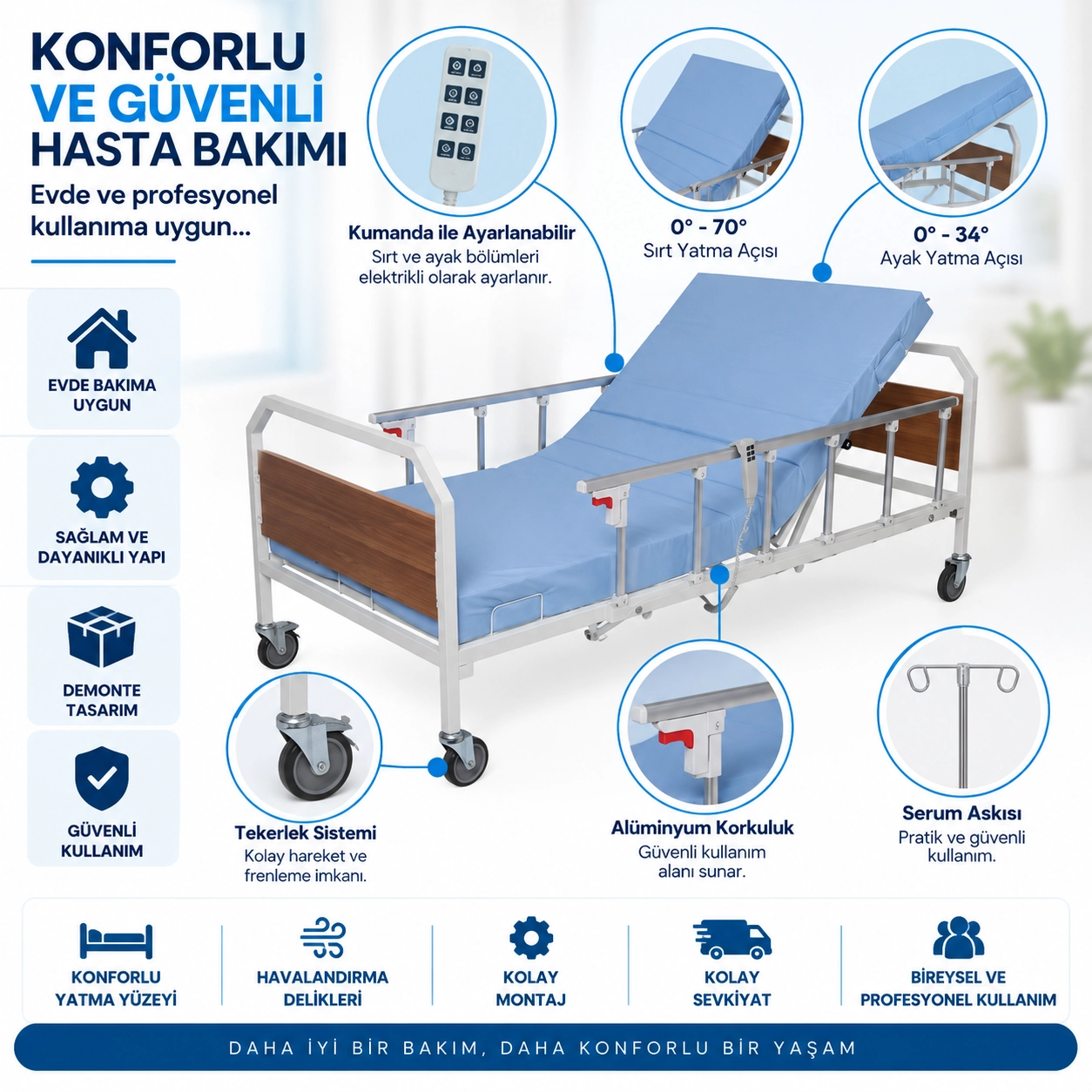 AZKA DD01 Dual Motorlu Alüminyum Korkuluklu Demonte Hasta Karyolası