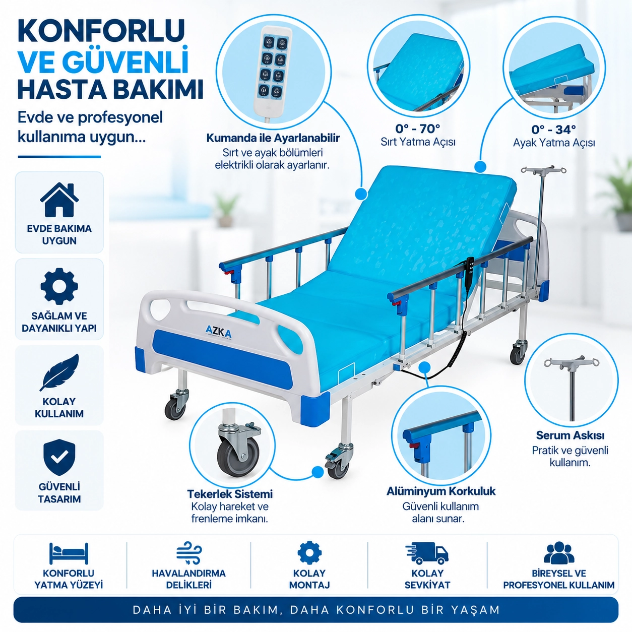 AZKA DE03 Dual Motorlu Alümi̇nyum Korkuluklu Ekonomi̇k Hasta Karyolası