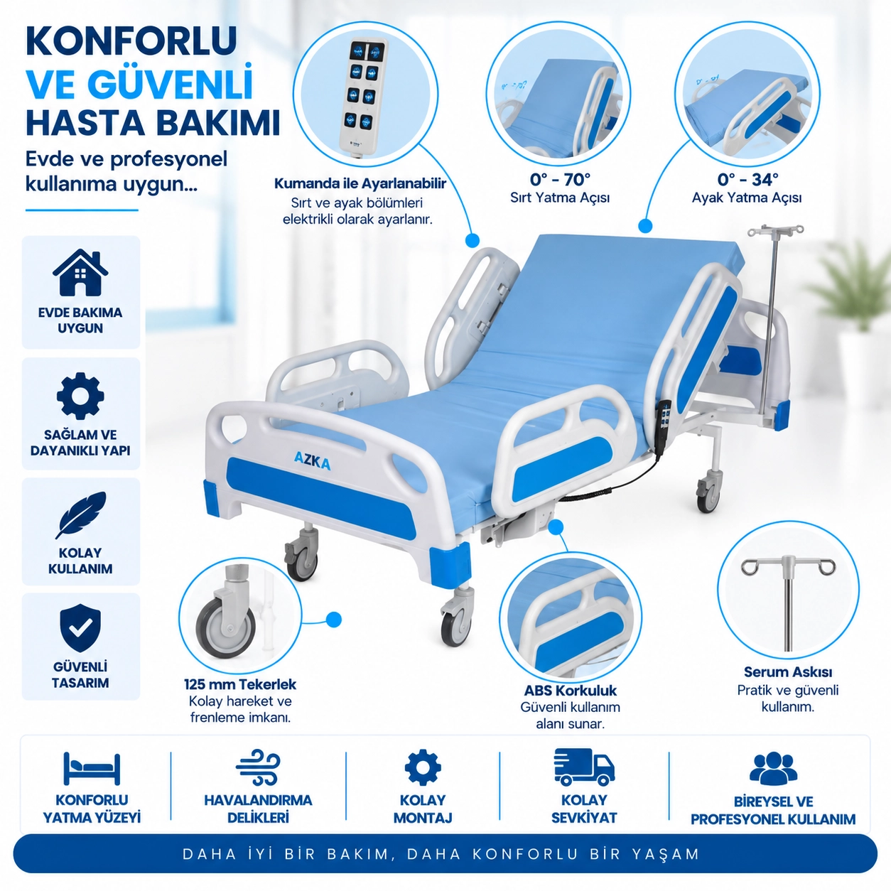AZKA DFA1 Dual Motorlu ABS Korkuluklu Ekonomi̇k Hasta Karyolası