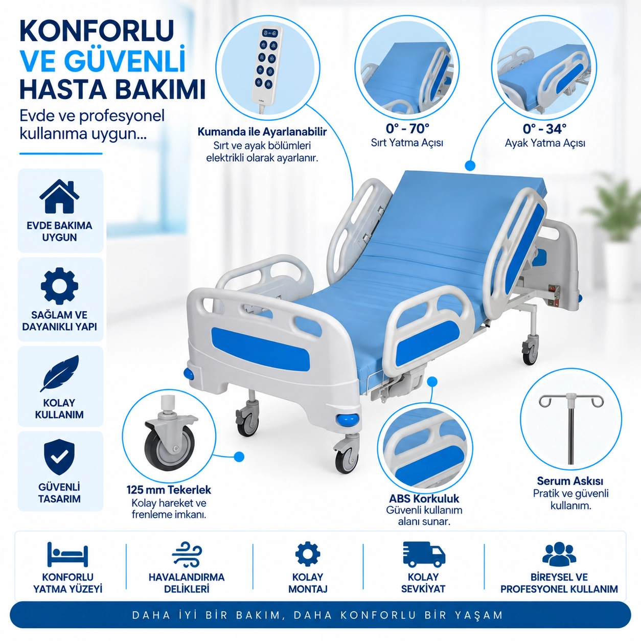 AZKA 2001 2 Motorlu ABS Korkuluklu Hasta Karyolası