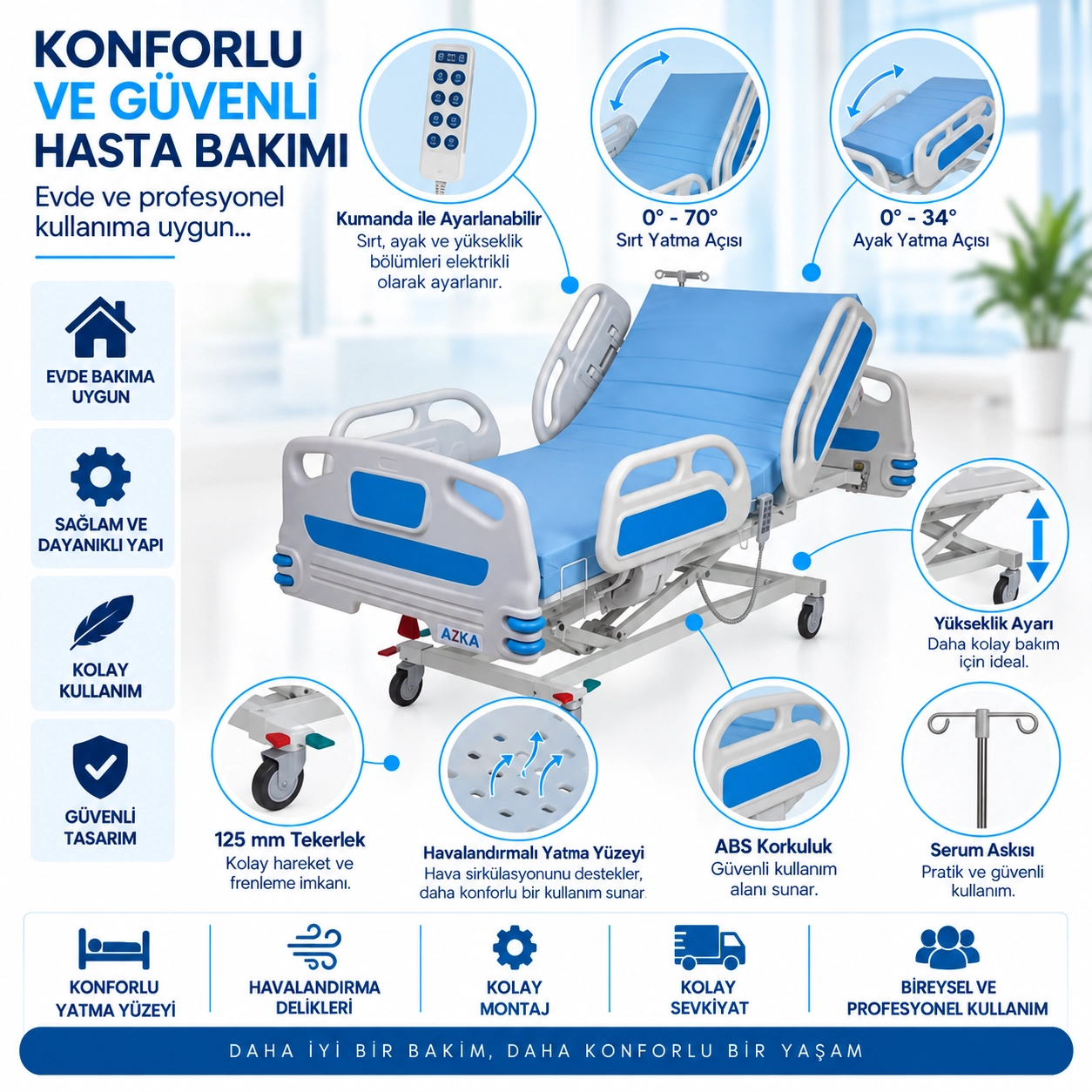 AZKA 3001 3 Motorlu ABS Korkuluklu Hasta Karyolası