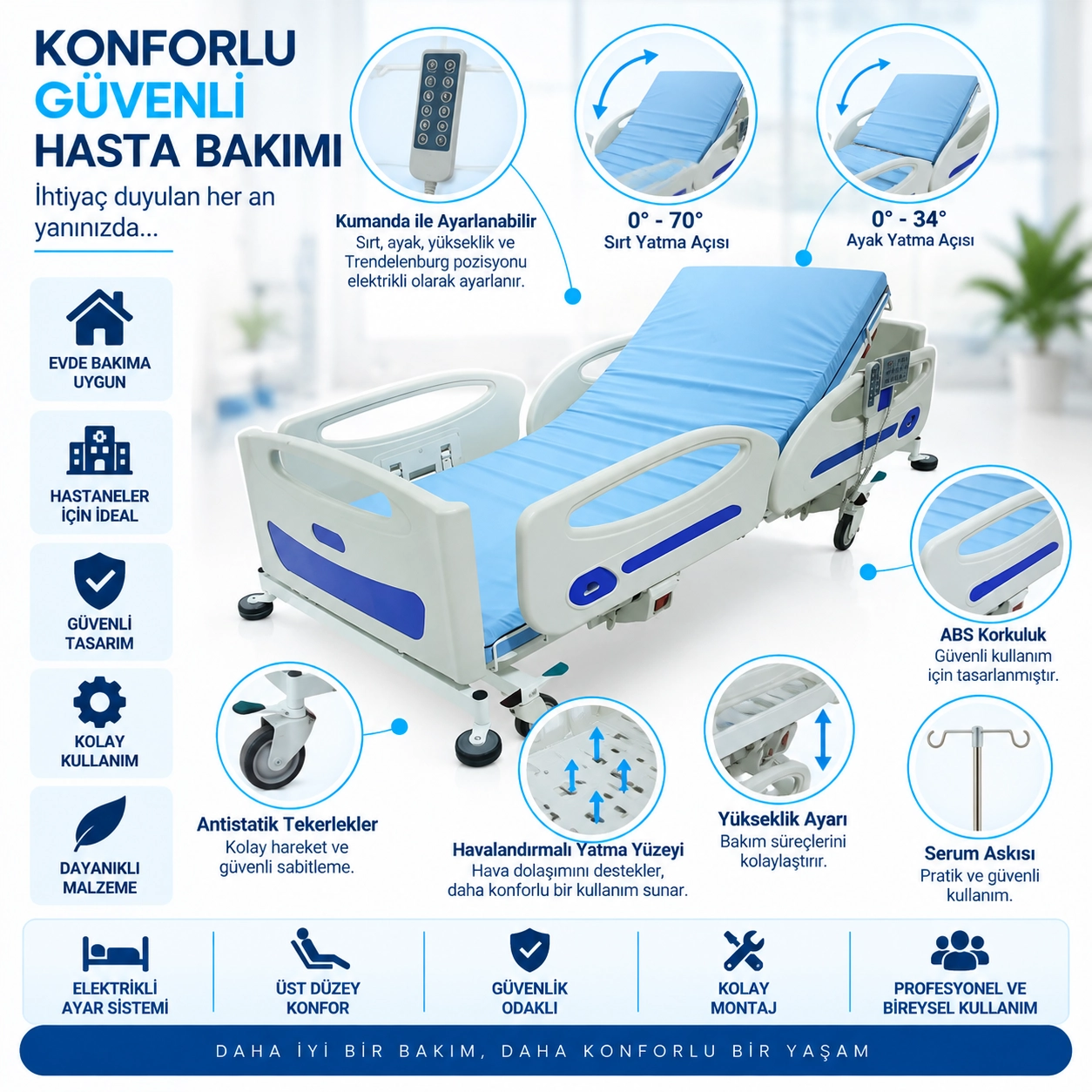 AZKA 4001 4 Motorlu ABS Korkuluklu Hasta Karyolası