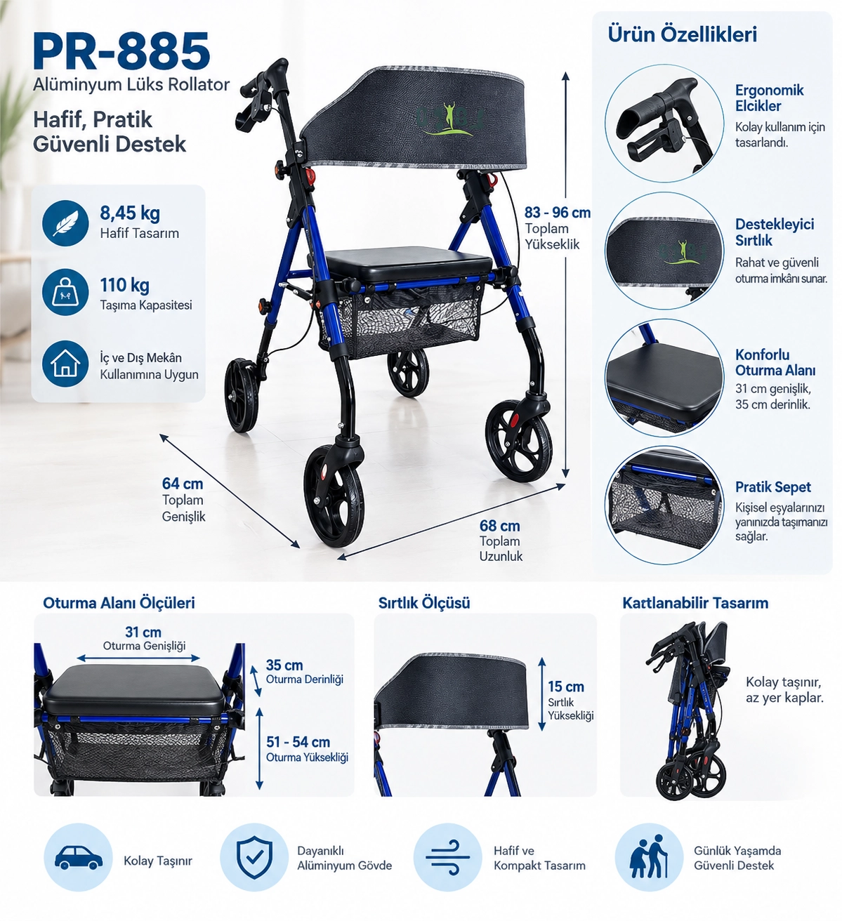 PR-885 Alüminyum Lüks Rollator