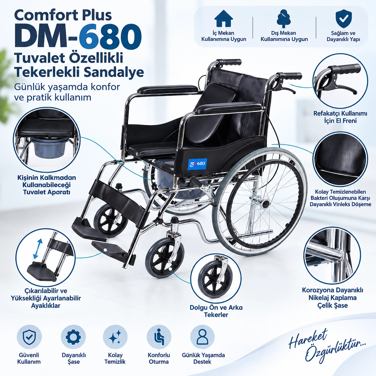 Comfort Plus DM-680 Tuvalet Özellikli Tekerlekli Sandalye