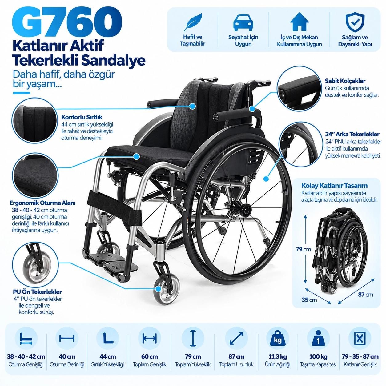 G760 Katlanır Aktif Tekerlekli Sandalye
