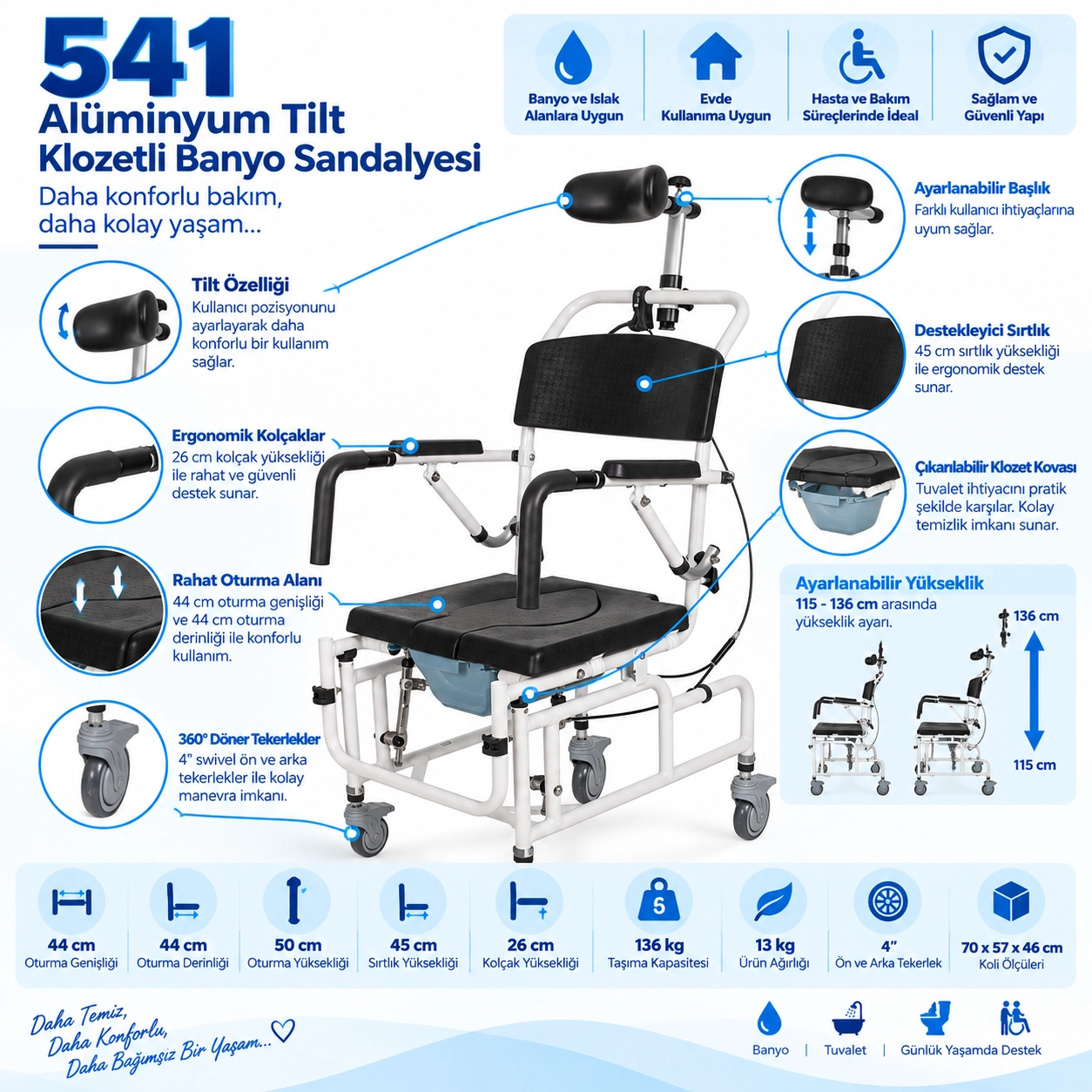 G541 Alüminyum Tilt Klozetli Banyo Sandalyesi