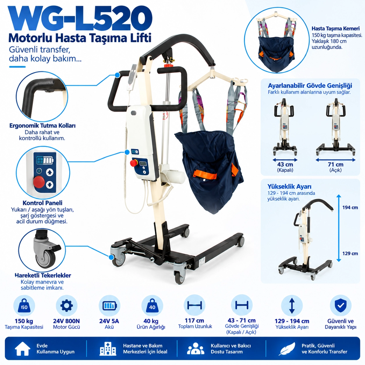 WOLLEX WG-L520 Motorlu Hasta Taşıma Transfer Lifti