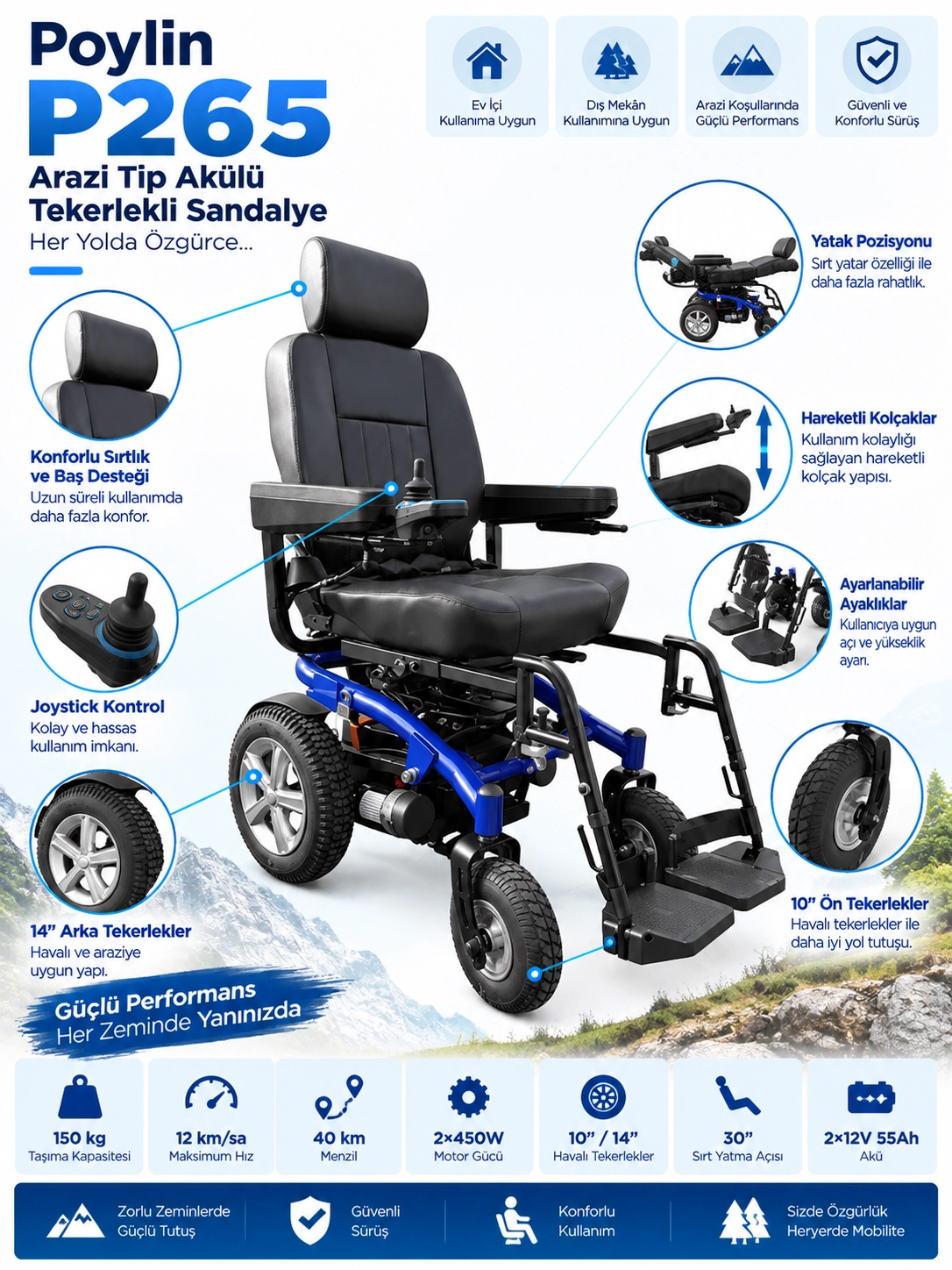 Poylin P265 Arazi Tip Akülü Tekerlekli Sandalye