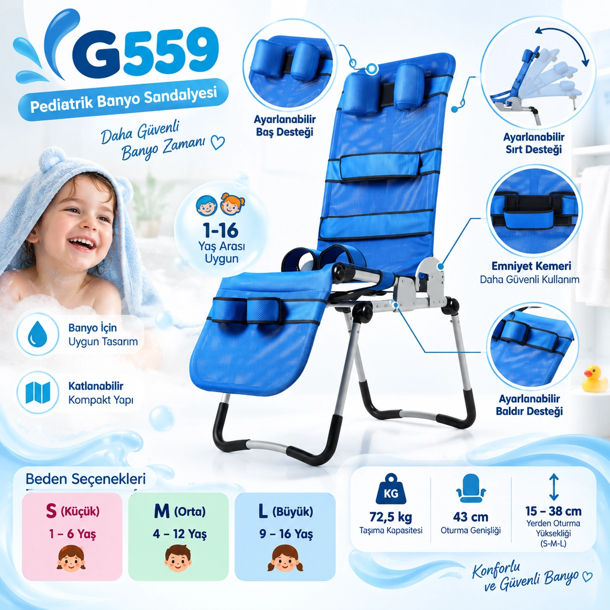 Golfi  G559 Çocuk Banyo Tekerlekli Sandalye