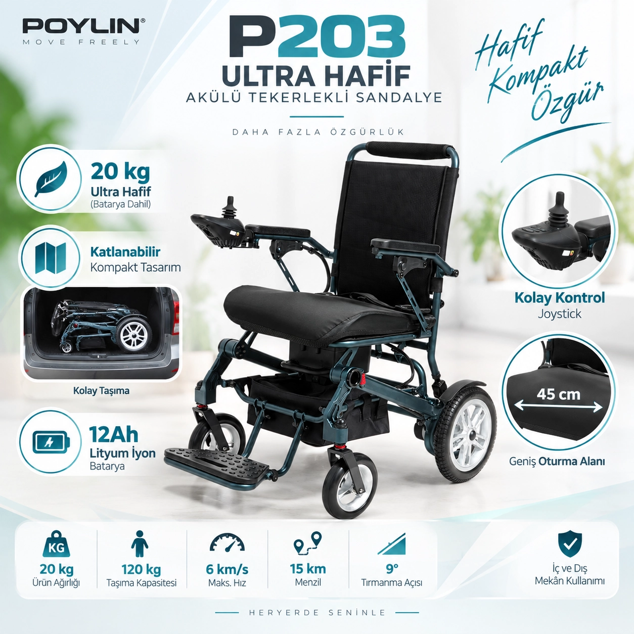 Poylin P203 Ultra Hafif Akülü Tekerlekli Sandalye